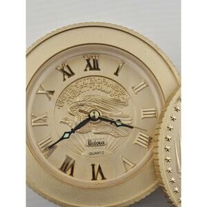 New Bulova Walking Liberty Gold Coin Hidden Quartz Alarm Clock Desk Runs Kraft
